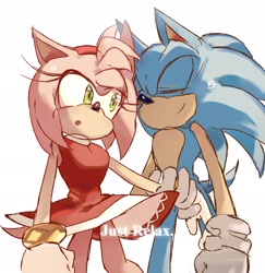 Size: 1988x2048 | Tagged: safe, artist:afajiao, amy rose, sonic the hedgehog, 2025, amy x sonic, duo, english text, eyes closed, holding hands, looking at them, shipping, simple background, smile, standing, straight, white background