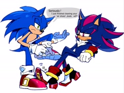 Size: 2048x1547 | Tagged: safe, artist:afajiao, shadow the hedgehog, sonic the hedgehog, 2025, duo, english text, gay, holding something, lidded eyes, looking at them, shadow x sonic, shipping, simple background, smile, speech bubble, white background