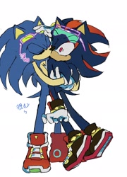 Size: 1472x2048 | Tagged: safe, artist:afajiao, shadow the hedgehog, sonic the hedgehog, 2025, duo, eyes closed, gay, hand on another's head, hugging, kiss, riders outfit, shadow x sonic, shipping, simple background, sonic riders, standing, white background