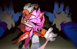 Size: 1336x850 | Tagged: safe, artist:afajiao, amy rose, sonic the hedgehog, sonic unleashed, 2026, amy x sonic, duo, holding something, leash, looking at them, running, shipping, sonic the werehog, straight, were form, werehog