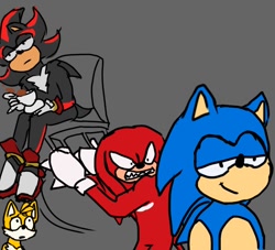 Size: 640x581 | Tagged: safe, artist:shakoba, knuckles the echidna, miles "tails" prower, shadow the hedgehog, sonic the hedgehog, angry, drink, funny, imminent death, meme, meme redraw, no source, redraw, shocked, sitting, smug, this will end in injury and/or death