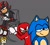 Size: 640x581 | Tagged: safe, artist:shakoba, knuckles the echidna, miles "tails" prower, shadow the hedgehog, sonic the hedgehog, angry, drink, funny, grey background, group, imminent death, meme, meme redraw, no source, quartet, redraw, shocked, simple background, sitting, smug, this will end in injury and/or death