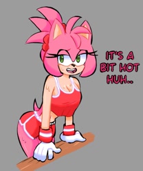 Size: 709x852 | Tagged: safe, artist:silver279, amy rose, hedgehog, busty amy, dialogue, english text, female, grey background, looking at viewer, ponytail, shorts, simple background, solo, sweat, sweatdrop, workout outfit