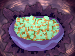 Size: 1600x1200 | Tagged: safe, abstract background, anonymous artist, bowl, candy, caramel, city, cityscape, clouds, food, mint candy, mountain, mountain range, no characters, spring yard zone