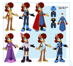 Size: 3521x3185 | Tagged: safe, artist:snowyowlkonnen, sally acorn, chipmunk, 2026, adult, alternate outfit, alternate version, clothes, dress, english text, female, glasses, looking at viewer, older, pose, queen sally acorn, reference sheet, solo, standing, swimsuit, vest