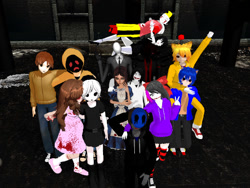 Size: 512x384 | Tagged: safe, artist:tinahonline, tails doll, oc, oc:sonic.exe, alice liddel, ben drowned, creepypasta, eyeless jack, hoody, jane the killer, jeff the killer, lost silver, masky, mmd, nina the killer, sally williams, slenderman, zalgo