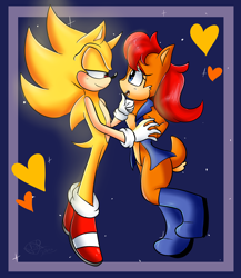 Size: 2000x2300 | Tagged: safe, artist:yoshiyoshi700, sally acorn, sonic the hedgehog, super sonic, chipmunk, hedgehog, 2020, duo, female, floating, heart, looking at each other, male, sally x sonic, sally's vest and boots, shipping, star (sky), straight, super form