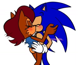 Size: 1853x1547 | Tagged: safe, artist:antonybia_, sally acorn, sonic the hedgehog, hedgehog, 2026, blushing, duo, female, kiss, male, sally x sonic, sally's vest and boots, shipping, simple background, straight, white background