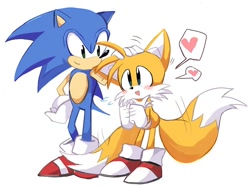 Size: 800x604 | Tagged: safe, artist:tlskwi, miles "tails" prower, sonic the hedgehog, 2019, blushing, cute, duo, gay, headpats, heart, looking at each other, shipping, simple background, smile, sonic x tails, speech bubble, standing, tailabetes, white background