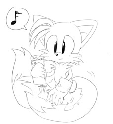 Size: 735x801 | Tagged: safe, artist:tlskwi, miles "tails" prower, 2019, black and white, conditioner, cute, holding something, line art, monochrome, musical note, simple background, smile, solo, speech bubble, tailabetes, washing, white background