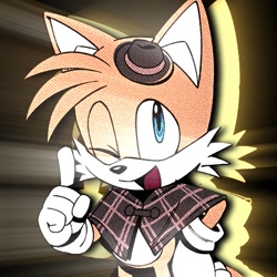 Size: 736x736 | Tagged: safe, editor:꧁ɑׁׅ݊ꪀժׁׅ݊ꭈׁׅꫀׁׅܻ݊᥊ׁׅ᥊ׁׅ ᨮׁׅ֮tׁ, miles "tails" prower, the murder of sonic the hedgehog, cute, edit, hat, icon, mouth open, pointing, poncho, solo, tailabetes, wink