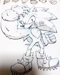 Size: 815x1024 | Tagged: safe, artist:elly, sonic the hedgehog, 2026, chest fluff, clenched fist, fangs, line art, looking at viewer, monochrome, mouth open, sharp teeth, signature, solo, sonic the werehog, standing, traditional media, were form, werehog