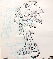 Size: 920x1024 | Tagged: safe, artist:elly, sonic the hedgehog, 2026, hand on hip, line art, looking at viewer, monochrome, pointing, signature, smile, solo, standing, traditional media
