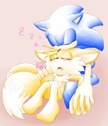 Size: 1384x1602 | Tagged: safe, artist:elly, miles "tails" prower, sonic the hedgehog, 2018, barefoot, blushing, duo, eyes closed, gay, gloves off, holding them, mouth open, pink background, shipping, signature, simple background, sitting, sleeping, sonic x tails, zzz