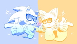 Size: 2048x1163 | Tagged: safe, artist:elly, miles "tails" prower, sonic the hedgehog, 2022, alternate version, clenched teeth, duo, looking at viewer, monochrome, pointing, signature, simplistic background, smile, sparkles, sunglasses