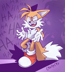 Size: 2272x2504 | Tagged: safe, artist:candycatstuffs, miles "tails" prower, 2022, english text, eye twitch, fangs, laughing, looking offscreen, mouth open, shadow (lighting), shrunken pupils, signature, smile, solo, standing, text