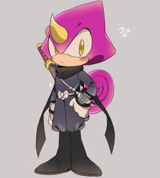Size: 1000x1113 | Tagged: safe, artist:akiyoku, espio the chameleon, chameleon, clothes, fully clothed, looking at viewer, male, ninja outfit, simple background, solo, standing, sword, weapon