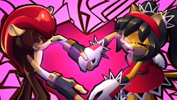 Size: 1920x1080 | Tagged: safe, artist:eblastgraphix45, honey the cat, mighty the armadillo, armadillo, cat, 2026, abstract background, duo, female, happy, heart, honey x mighty, male, shipping, straight, valentine's day