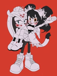 Size: 1536x2048 | Tagged: safe, artist:pastele_sugar, honey the cat, mighty the armadillo, armadillo, cat, 2026, blushing, carrying them, duo, female, honey x mighty, kiss mark, lipstick, looking at viewer, male, red background, shipping, simple background, straight