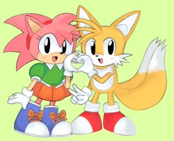 Size: 1000x813 | Tagged: safe, artist:9colitas, amy rose, miles "tails" prower, 2026, amybetes, blushing, classic amy, classic tails, cute, duo, green background, heart hands, mouth open, simple background, smile, standing, tailabetes