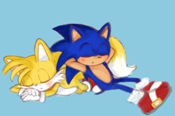 Size: 995x661 | Tagged: safe, artist:9colitas, miles "tails" prower, sonic the hedgehog, 2026, arms behind head, blue background, blushing, cute, duo, eyes closed, leaning back, leaning on them, lying down, lying on front, mouth open, simple background, sitting, sleeping, sonabetes, tailabetes