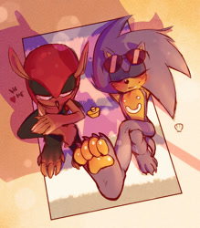 Size: 1024x1171 | Tagged: safe, artist:snicsnac, mighty the armadillo, sonic the hedgehog, 2018, :), arms behind head, barefoot, beach, blushing, claws, daytime, duo, eyes closed, eyewear on head, from above, gay, gloves off, hands behind head, heart, legs crossed, lidded eyes, lying down, outdoors, pawpads, paws, sand, shell, shipping, sitting, smile, sonighty, sunglasses, sunscreen, towel