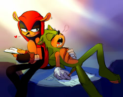 Size: 1024x806 | Tagged: safe, artist:snicsnac, mighty the armadillo, scourge the hedgehog, 2018, barefoot, blushing, blushing ears, crack shipping, crepuscular rays, duo, eyes closed, gay, heart, holding something, letter, looking at them, love letter, lying down, mighty x scourge, mouth open, paws, rarepair, saliva, scar, shipping, sitting, sleeping, smile