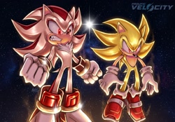 Size: 2048x1424 | Tagged: safe, artist:prolifkvelocity, shadow the hedgehog, sonic the hedgehog, super shadow, super sonic, sonic adventure 2, 2026, clenched fists, clenched teeth, duo, flying, frown, glowing eyes, looking offscreen, mid-air, redraw, soap shoes, space, star (sky), super form