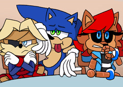 Size: 2048x1450 | Tagged: safe, artist:kittytale, antoine d'coolette, sally acorn, sonic the hedgehog, chipmunk, coyote, hedgehog, 2026, alternate universe, au:all in (kittytale), chair, eyepatch, female, male, redraw, robot, roboticized, sally's ringblader outfit, scar, sitting, table, tongue out, trio