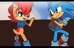 Size: 1614x1040 | Tagged: safe, artist:sonicboomnextgen, sally acorn, sonic the hedgehog, chipmunk, hedgehog, 2020, bag, carrying on shoulder, daytime, duo, female, looking at each other, male, sally x sonic, sally's vest and boots, shipping, straight