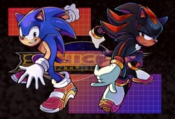 Size: 1170x794 | Tagged: safe, artist:starryyberries, shadow the hedgehog, sonic the hedgehog, sonic adventure 2, 2024, duo, frown, lidded eyes, looking at viewer, posing, redraw, smile, soap shoes