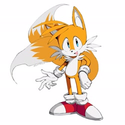 Size: 2048x2048 | Tagged: safe, artist:63117dstnc3, miles "tails" prower, 2026, cute, hand on hip, mouth open, simple background, smile, solo, standing, tailabetes, white background