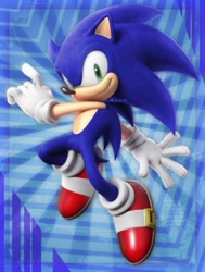 Size: 1545x2048 | Tagged: safe, artist:dokatzo, artist:ubern_1, sonic the hedgehog, 2026, 3d, abstract background, looking at viewer, mid-air, redraw, smile, solo