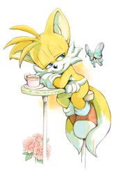 Size: 844x1287 | Tagged: safe, artist:erosuke, miles "tails" prower, 2026, arms folded, bug, butterfly, cup, flower, leaning, lidded eyes, literal animal, looking at something, male, pointing, sitting, smile, solo, stool, table, tea