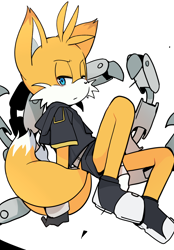 Size: 1708x2450 | Tagged: safe, artist:pearlgang_e, miles "tails" prower, nine, sonic prime, 2025, frown, lidded eyes, looking at viewer, simple background, sitting, solo, white background