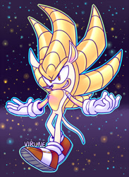 Size: 700x956 | Tagged: safe, artist:virune, oc, oc:knight the pangolin, 2024, arms out, chest fluff, fusion, fusion:mighty, fusion:sonic, looking offscreen, mid-air, oc only, outline, pangolin, signature, smile, solo, super form, super oc, treads