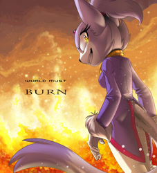 Size: 1000x1100 | Tagged: safe, artist:inuxi, blaze the cat, 2014, alignment swap, english text, fire, glowing eyes, looking at viewer, smile, solo, standing, text