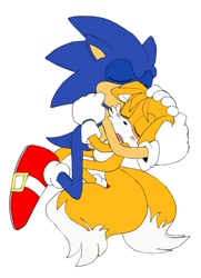 Size: 800x1104 | Tagged: safe, artist:pachirizuu, miles "tails" prower, sonic the hedgehog, 2025, blushing, cuddling, duo, eyes closed, flat colors, floppy ears, gay, hugging, shipping, simple background, sleeping, sonic x tails, white background