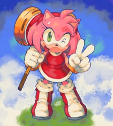 Size: 1838x2048 | Tagged: safe, artist:noysworld, amy rose, 2026, holding something, looking at viewer, mouth open, piko piko hammer, smile, solo, standing, tongue out, v sign, wink