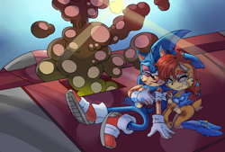Size: 2940x1992 | Tagged: safe, artist:chunichichuni, sally acorn, sonic the hedgehog, chipmunk, hedgehog, 2020, bruise, daytime, duo, female, male, sally x sonic, sally's vest and boots, shipping, sitting, smoke, straight, sun, tears, tears of happiness, vehicle, wound