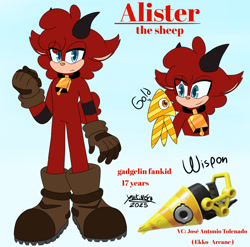 Size: 2048x2025 | Tagged: safe, artist:yukineru06, wisp, oc, oc:alister the sheep (yukineru06), sheep, 2025, blue background, character name, duo, english text, fankid, looking at each other, looking at viewer, male, parent:gadget, parent:lanolin, pose, reference sheet, simple background, teenager, weapon, wispon