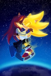 Size: 2050x3050 | Tagged: safe, artist:ultimanggo, sally acorn, sonic the hedgehog, super sonic, chipmunk, hedgehog, 2023, alternate outfit, clothes, duo, earth, female, floating, kiss, long hair, male, sally x sonic, shipping, space, star (sky), straight, super form, torn clothes