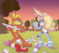 Size: 1024x920 | Tagged: safe, artist:sonicelric, antoine d'coolette, bunnie rabbot, coyote, rabbit, 2019, buntoine, cybernetic, cyborg, duo, female, holding something, male, nighttime, nudity, shipping, star (sky), straight, sweatdrop, sword, tree, watermark, weapon, wedding ring