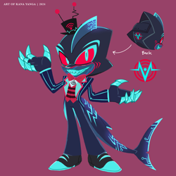 Size: 2048x2048 | Tagged: safe, artist:kanayanga, grin, hazbin hotel, mobianified, robot, shark, simple background, smile, solo, vox
