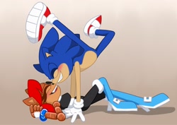 Size: 2048x1451 | Tagged: safe, artist:kittytale, sally acorn, sonic the hedgehog, chipmunk, hedgehog, 2026, blushing, duo, eyes closed, female, happy, lying down, male, robot, roboticized, sally x sonic, shipping, simple background, snuggling, straight