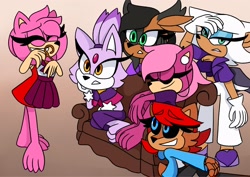 Size: 2048x1451 | Tagged: safe, artist:kittytale, amy rose, blaze the cat, nicole the hololynx, rouge the bat, sally acorn, sonia the hedgehog, bat, cat, chipmunk, hedgehog, lynx, 2026, clothes, clothes hanger, dress, facepalm, female, group, headphones, holding something, leaning on something, robot, roboticized, sally's ringblader outfit, simple background, sitting, sofa