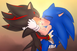 Size: 3000x2000 | Tagged: suggestive, artist:krazyelf, shadow the hedgehog, sonic the hedgehog, 2021, blushing, duo, gay, gradient background, holding each other, kiss, lidded eyes, looking at each other, musk cloud, saliva, shadow x sonic, shipping, signature, sloppy kissing, tail grab, tongue out