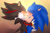 Size: 3000x2000 | Tagged: suggestive, artist:krazyelf, shadow the hedgehog, sonic the hedgehog, 2021, blushing, duo, gay, gradient background, holding each other, kiss, lidded eyes, looking at each other, musk cloud, saliva, shadow x sonic, shipping, signature, sloppy kissing, tail grab, tongue out
