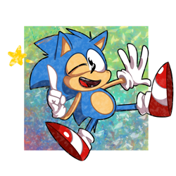 Size: 1280x1280 | Tagged: safe, artist:shawzii--drawz, sonic the hedgehog, sonic mania, 2019, classic sonic, mid-air, mouth open, pointing, simple background, solo, star (symbol), transparent background, treads, wink