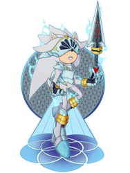 Size: 1120x1493 | Tagged: safe, artist:penthousedragon, silver the hedgehog, hedgehog, sonic and the black knight, 2021, floating, knight armor, male, mid-air, sir galahad, solo, sword, telekinesis, weapon